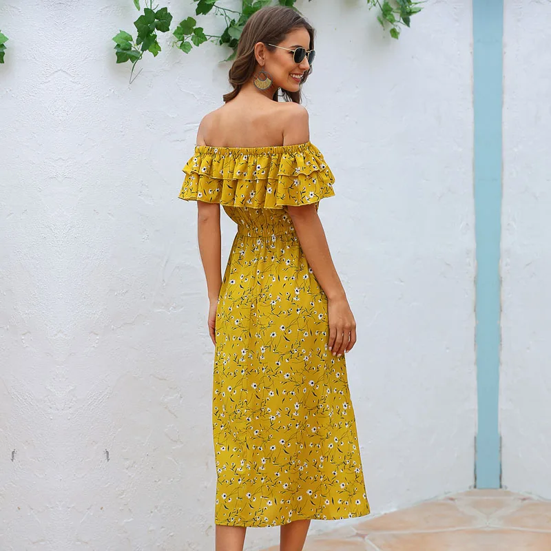 

Women A-line Summer Puff Sleeve Slash Neck Print Above Knee Mini Short Streetwear Natural Ruffles Sundress Vestidos