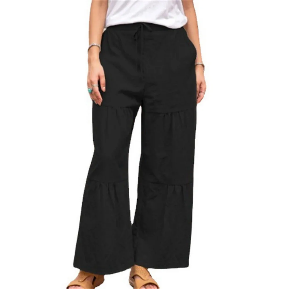 

Women Drawstring Mid Waist Wide-Leg Pants Loose Casual Summer Long Trouser Fashion Patchwork Elastic Waist Pant Basic Slacks D30
