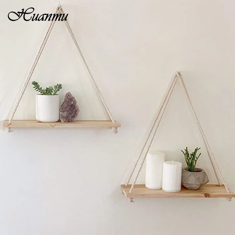 

Premium Wood Swing Hanging Rope Wall Mounted Floating Shelves Plant Flower Pot indoor outdoor decoration simple design