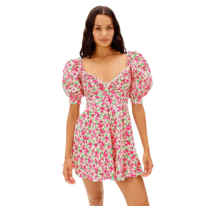 

Plus Size Beach Cover Up Dress Tunic New Summer 2021 Women Short Sleeve Sexy Neck Backless Print Retro Polyester Pareo Swimwear