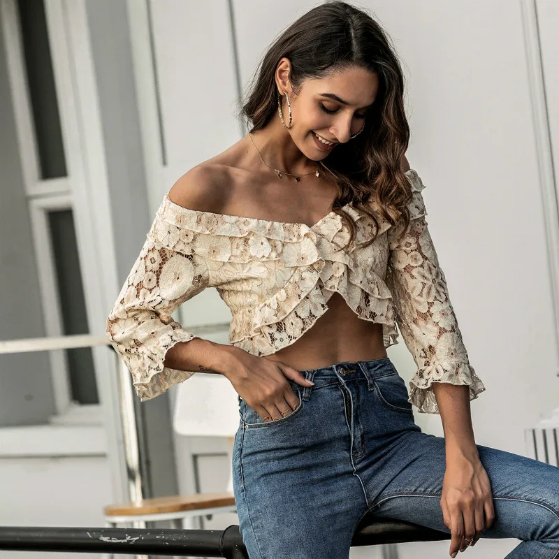 

Summer Fashion Lotus Sleeve Lace Shirt Sexy Pure Color Flowers Pattern Slim Hook Flower Hollowe T-Shirt Navel Women Tops
