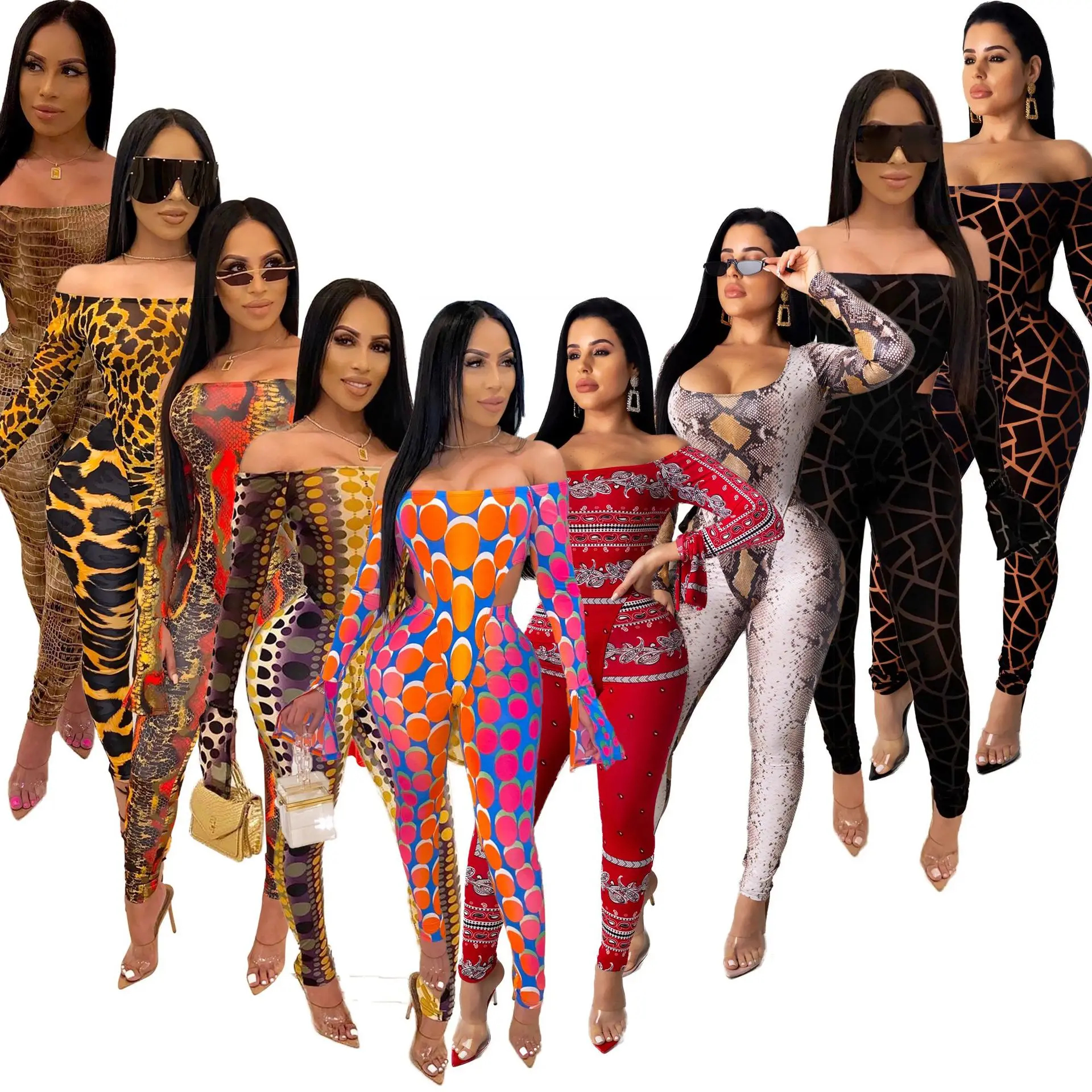 

New Women Leopard Jumpsuit Printed Off Shoulder Flare Sleeve Bodysuits With Sexy Tight Pants 2 Piece Set