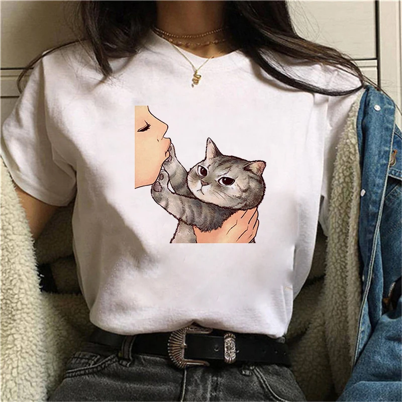 

Women's T Shirt Bell Cat Lovely Print T Shirts Women Harajuku TShirt White Top Casual Short Summer Oversized TShirt Short Sleeve