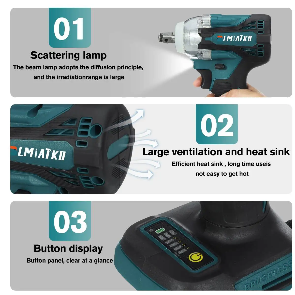 

BLMIATKO 288V 1200N.M 4 Speed Brushless Cordless Electric Impact Wrench with 2 Battery Rechargeable 1/2inch Wrench Power Tools