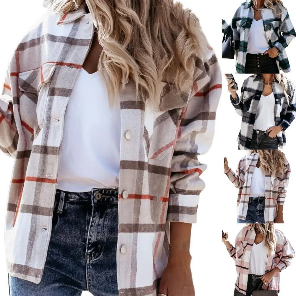 

Hot Sales Shirt Plaid Loose 4 Colors Women Long Sleeve Lapel Shirt for Work