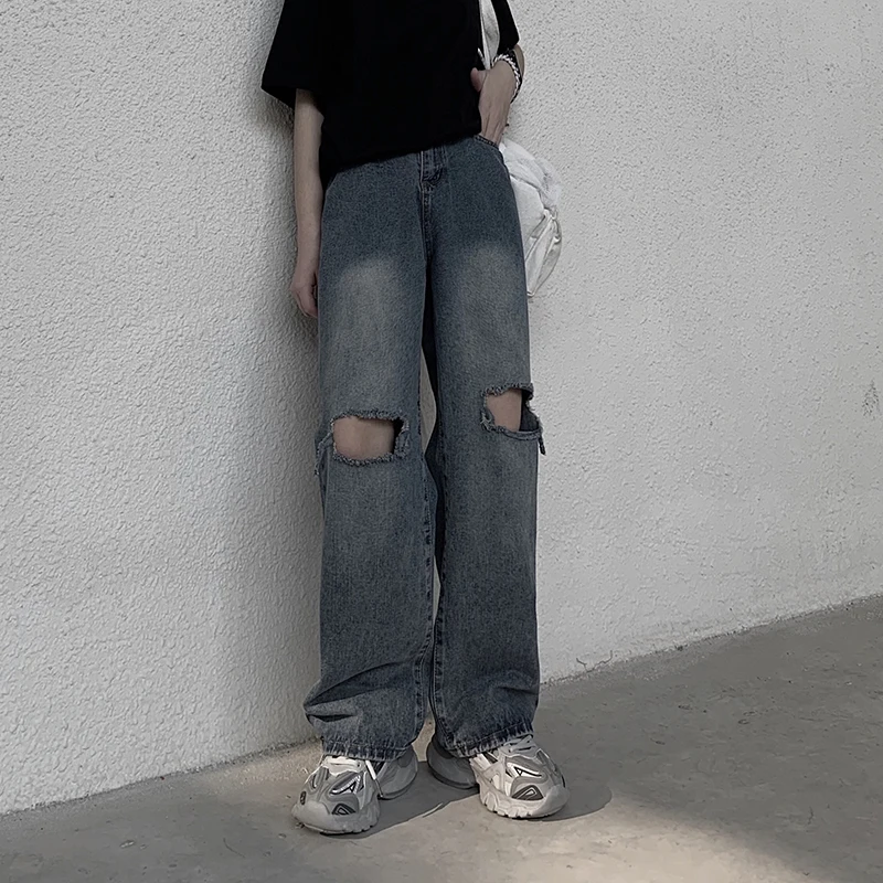 

Harajuku Summer Straight Ripped Jeans Trousers Men And Women Couples Wide-Leg Pants ins Tide Loose Casual Streetwear
