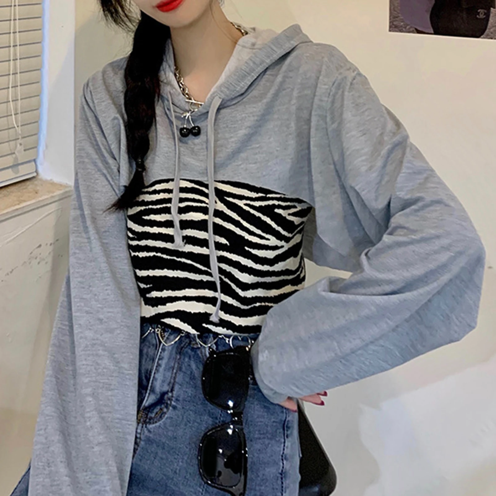 Women Solid Color Long Sleeve Drawstring Micro Hoodie Irregular Short Sweatshirt