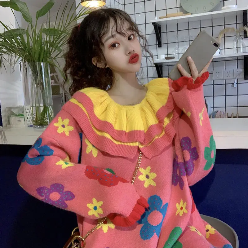 

Flower Knit Sweater Women Doll Collar Loose Thicked Pull Femme Print Patchwork Long Sweaters Winter Women Flower Sweaters 2xl