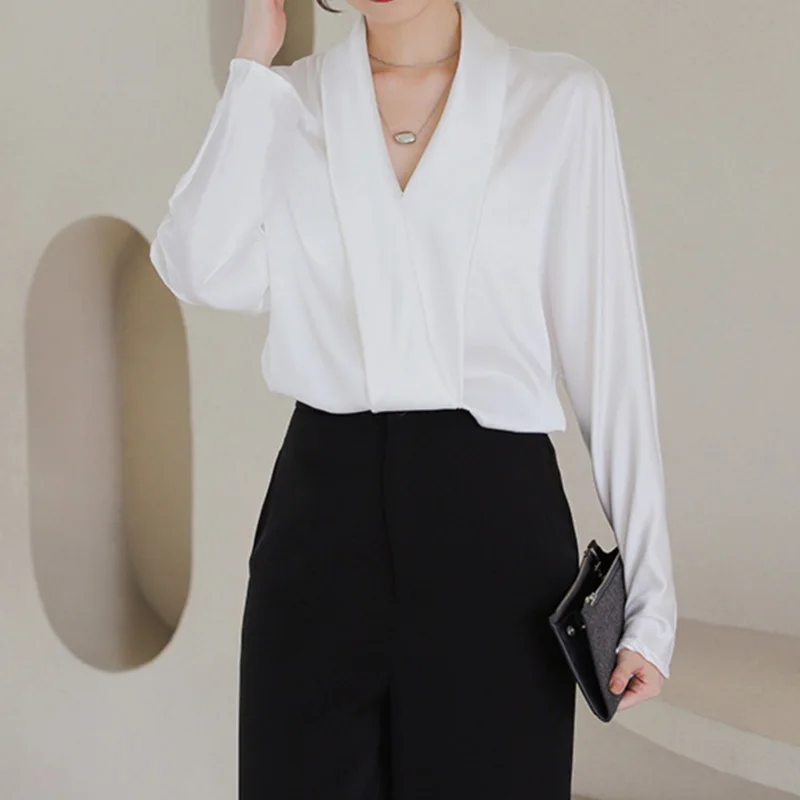 2020 весенние винтажные шелковые блузы с v-образным вырезом женские рубашки