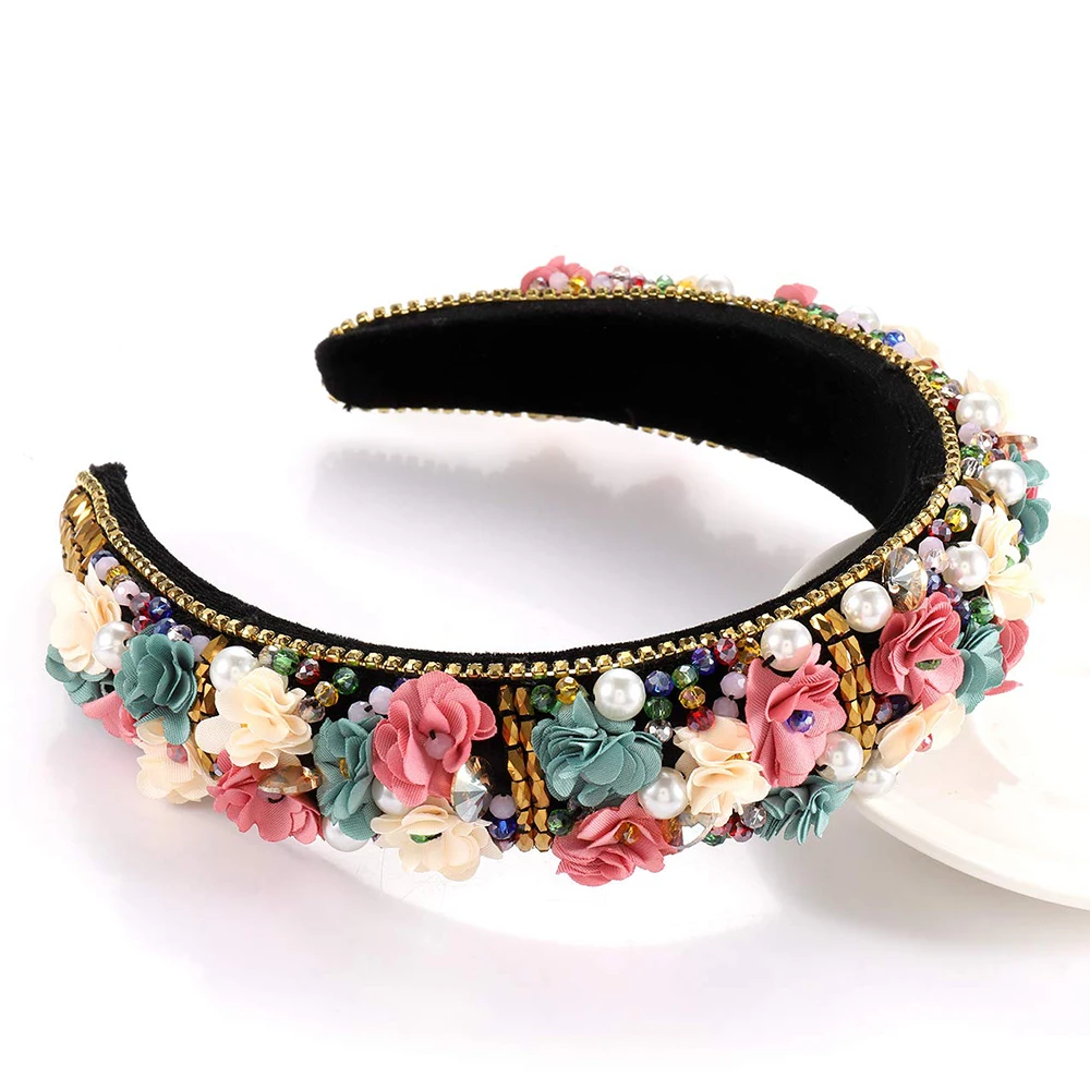 

Handmade Baroque Headband Flower Pearl Beaded Hairband for Women Girls Wide Velvet Padded Hair Hoop for Wedding Bridal Party