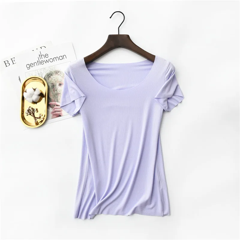 

Hot Selling 2019 Summer Cotton T Shirt Women Stylish rib Tee Shirt Female Short Sleeve Top Tees O-Neck T-shirt Women 10 Colors