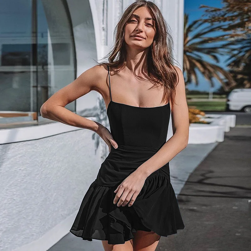 

Summer Spaghetti Strap Pleated Short Dress Women Square Collar Sexy Backless Mini Dresses 2021 Fashion Party Black Sundress y2k