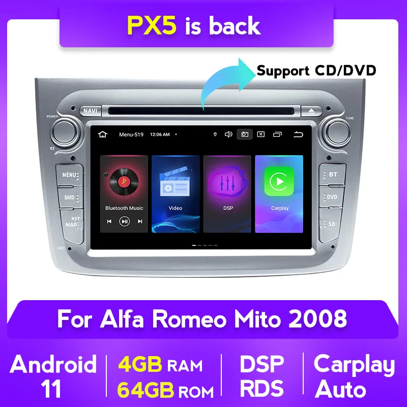 NEW! Android 11 4G 64G GPS Navi Car dvd radio multimedia Player For Alfa Romeo Mito 2008 with DSP carplay Auto BT WIFI 4G