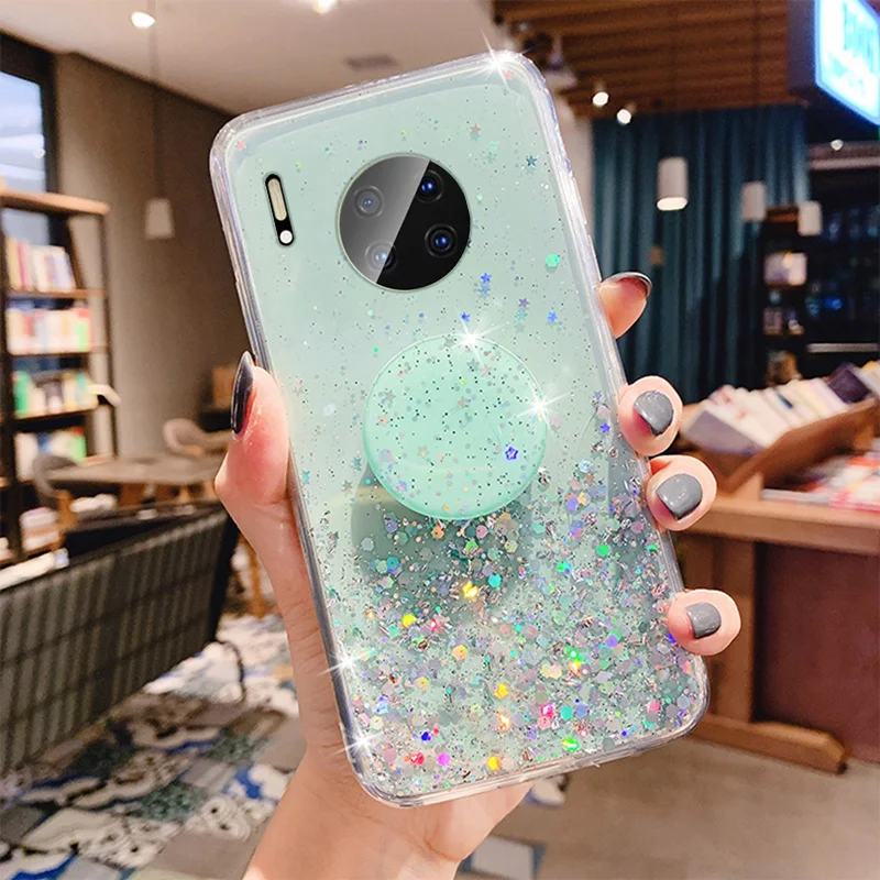 bling glitter silver foil phone holder case for huawei mate 40 30 20 10 lite pro plus 9 transparent soft silicone stand cover free global shipping