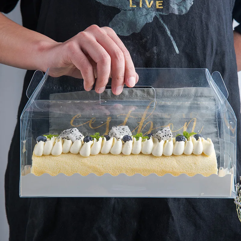 

Transparent Cake Roll Packaging Box with Handle Eco-friendly Clear Plastic Cheese Cake Box Baking Swiss Roll Box