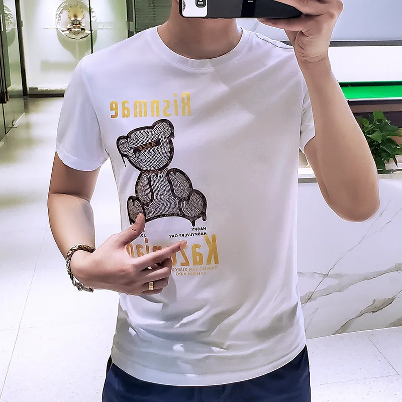 

2021 Fashion Rhinestones Bear T Shirt Men Summer Clothes Streetwear Slim O Neck Short Sleeve Animal Printed T-shirt Slim Fit Man