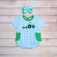 summer girls clothes green pocket blue striped short sleeve green tractor embroidery pattern toddler baby romper