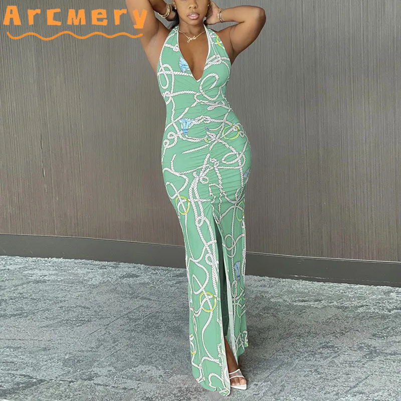 

Women Plus Size Printed Halter Backless Slit Bodycon Maxi Dress