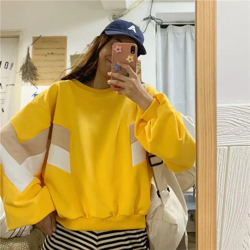 Модные толстовки для школьниц цветная контрастная Женская одежда с круглым