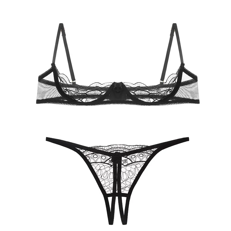 

Sitonjwly 2022 Women Underwear Hollow Bra Embroidered Mesh Panties Thong Lingerie Set G-String Brassiere Panty Bralette Sets