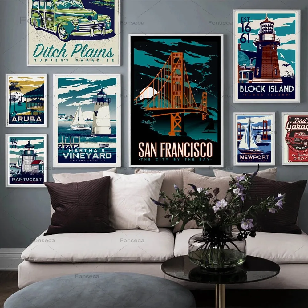 

Cartoon Landscape Nordic Poster New York San Francisco Aruba Sea Car Wall Art Canvas Painting Wall Picture For Living Room Decor