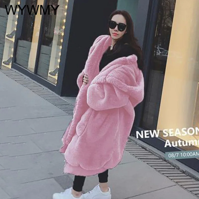 2021 Winter Thick Luxury Plush Jacket Faux Fur Coats Women Long Parka Hooded Imitate Rex Rabbit Fur Warm Outwear Female Oversize
