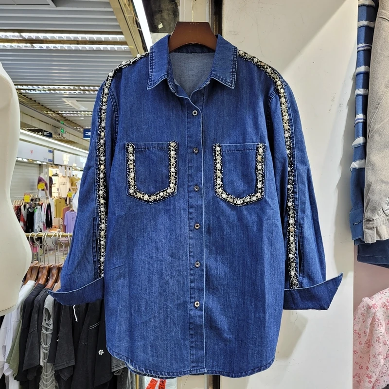 

Autumn Pearl Beaded Mid-length Women Blue Denim Jacket Korean Loose Lapel Long Sleeve Casual Jeans Jacket Female Chaqueta Mujer