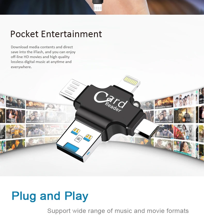 USB 2,0 кард-ридер для iPhone/type-c/смартфона 4 в 1 смарт Micro SD кард-ридер карта памяти ридер