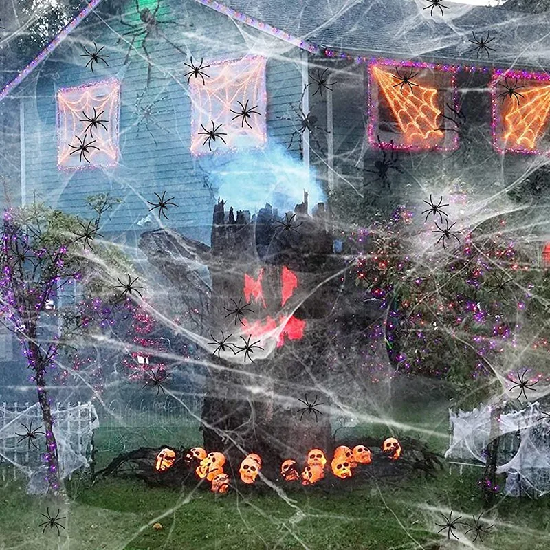 

NEW-Halloween Spider Web Decorations with 60 Plastic Fake Spider Party Supplies Scene Props Indoor Outdoor Decorations