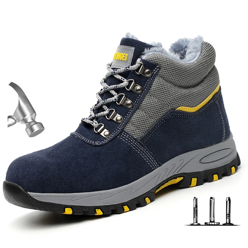 

Winter Men's Outdoor Steel Toe Suede Leather Protective Work Safety Shoes Boots Men Indestructible Warm Cotton Safety Boots