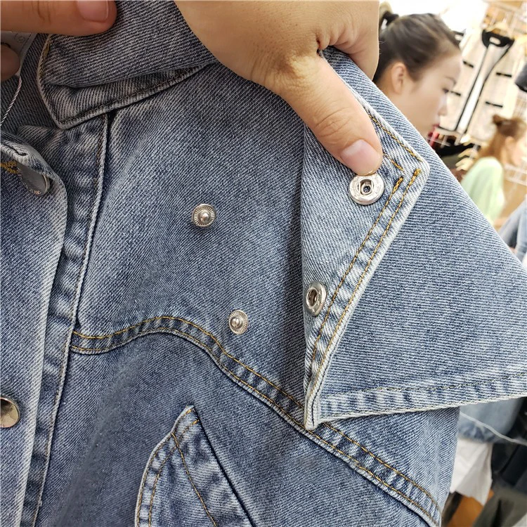 

Autumn Spring Women Denim Coat Removable Cloak Turn Down Collar Denim Jacket Vintage Short Jackets Streetwear Button Outwear