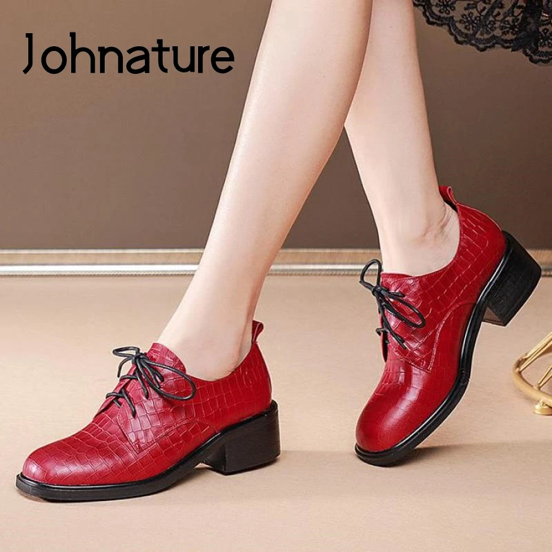 

Johnature Pumps Women Shoes Retro 2022 New Spring/Autumn Genuine Leather Lace-Up Fashion Handmade Concise Platform Ladies Shoes