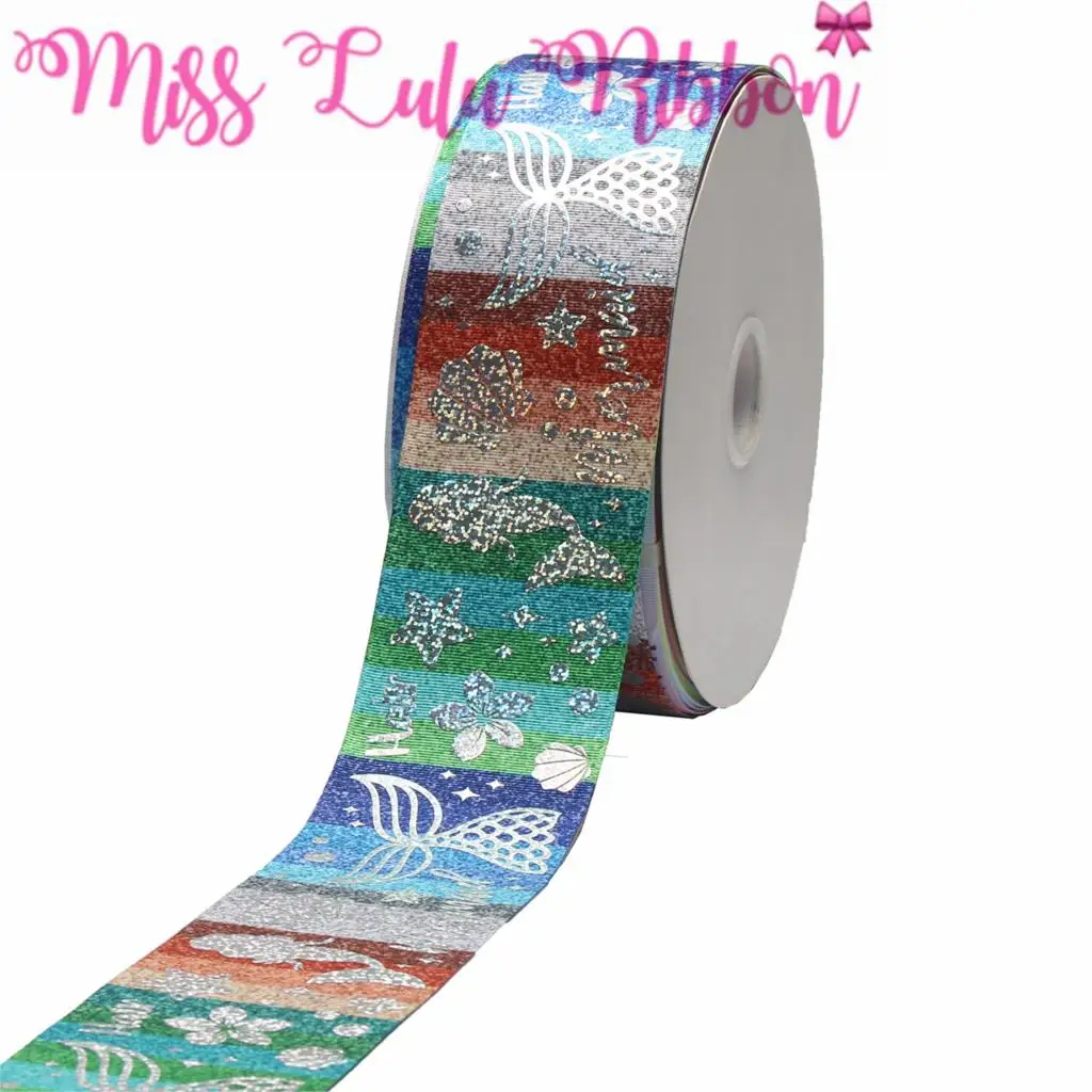 

3"75mm Cartoon Mermaid Tail Shell Hologram Silver Foil Colorful Stripes Printed Grosgrain Ribbon DIY Hair Bowknots 50yards/roll