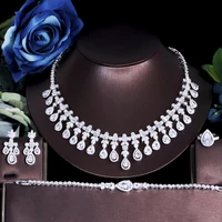 threegraces 4pcs gorgeous cubic zirconia nigerian luxury bridal wedding tassel water drop necklace jewelry sets for brides tz661
