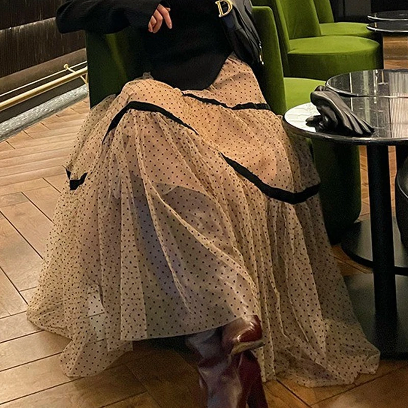 

Limiguyue Early Spring High Waist Women Skirt Slim Gauze Polka Dot Skirts Crocheted Luxury Korean Vintage Jupe Longue Femme K592