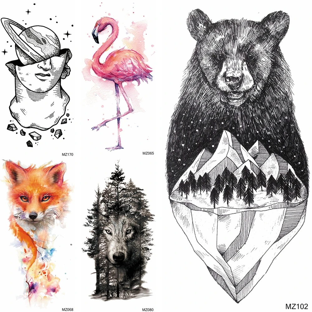 

Mountain Forest Star Temporary Tattoos Sticker Realistic Fake Black Bear Fox Wolf Tattoos Creative Planets Body Art Tattoo Paper