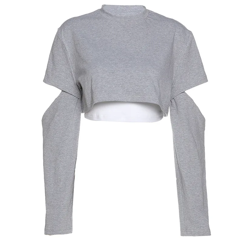 

Yitimuceng T Shirt for Women Two-piece Summer Black Tshirts Short Sexy White Tank Top Long Sleeve Hollow Out Tops Fashion Tees