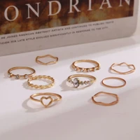 9pcsset fashion womens ring simple geometric heart twist crystal hollow ring set women rhinestone ring jewelry accessories