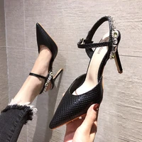 summer new fashion high heels sandals party buckle strap solid shallow bling thin heels pointed toe 9cm high heels shallow open