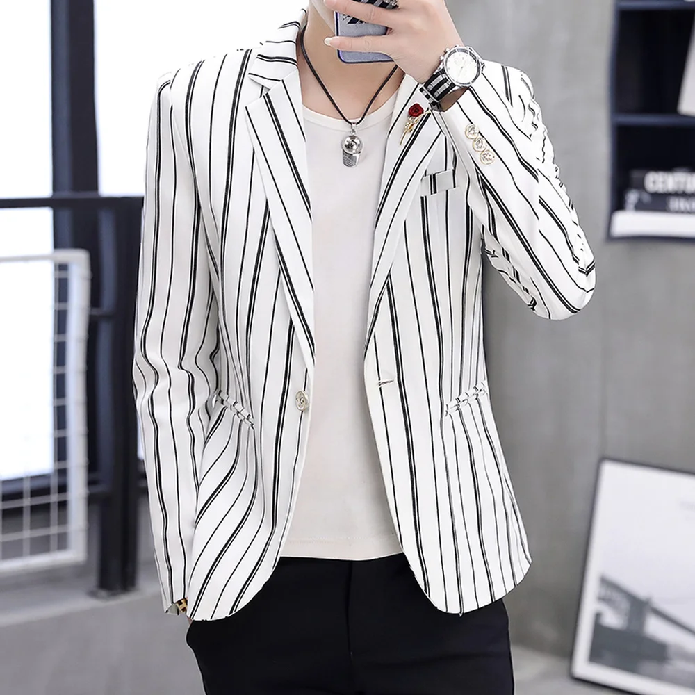 

White Blazer Men Striped Blazer Slim Fit Suit Jacket Male Fashion Casual Man Suits Blazers Black Men Leisure Suits Khaki Coat