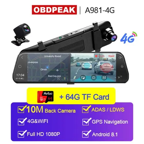 A981- 64G Card Android 8,1 Автомобильный видеорегистратор Камера 4G ADAS 10 дюймов поток медиа зеркало заднего вида 1080P WiFi gps видеорегистратор регистратор видео dvr рекордер - Название цвета: A981- 64G Card