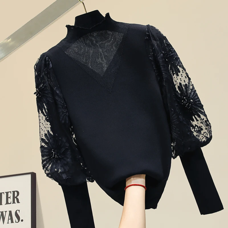 

Sweater Women New Lantern Sleeve Slim Fit Turtle-Neck Black Chiffon Panel Sweater Ladies All-match Basic Tops Blusa Jumper Femme