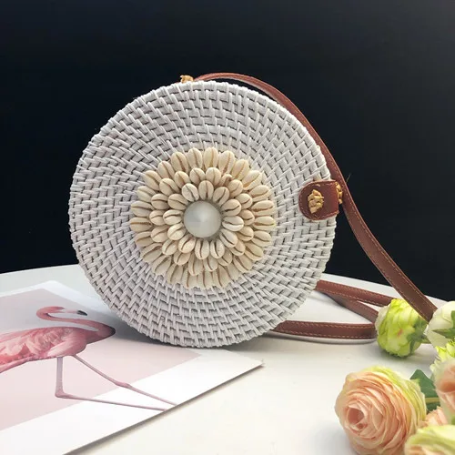 white 20X8 Высококачественная круглая сумка с вышивкой в виде ракушки, ручная Соломенная пляжная сумка-Кроссбоди, женская простая винтажная круглая сумка из ротанга - Цвет: white 20X8