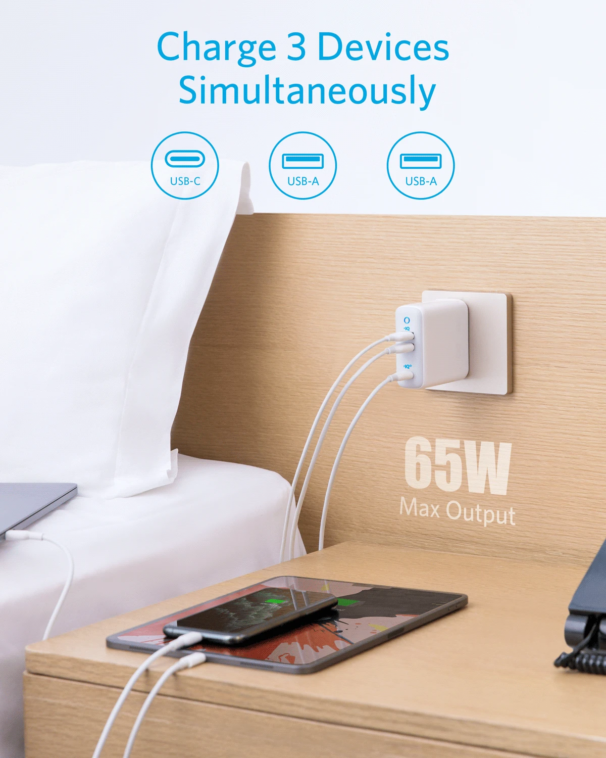 anker 65w piq 3 0gan type c charger with a 45w pd port powerport iii 3 port 65w charger with usukeu plugs for travel free global shipping