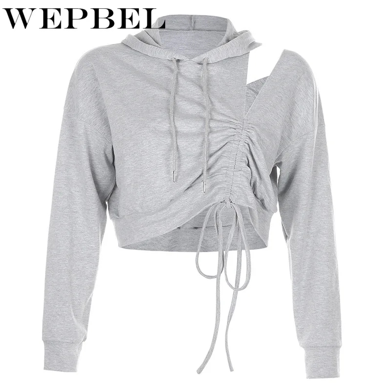 

WEPBEL Women Autumn Sexy Off Shoulder Ruched Crop Top Casual Ladies Drawstring Hooded Shirt Top