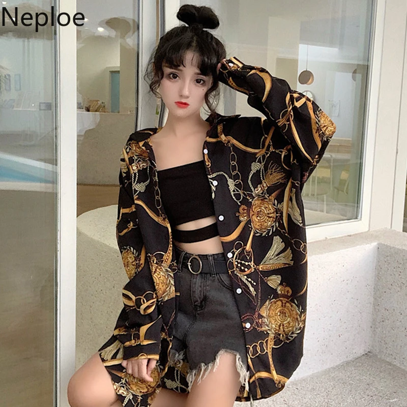 Женская Свободная блузка с отложным воротником и длинными рукавами в Корейском