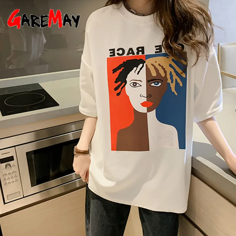 Длинная женская футболка Garemay большого размера в Корейском стиле с принтом