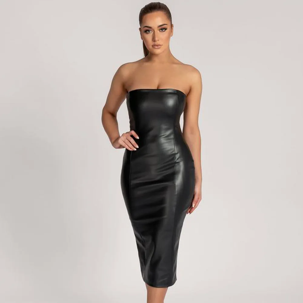 

Cryptographic Elegant Fashion PU Leather Sexy Midi Dresses Evening Party Club Backless Strapless Split Dress Bodycon Christmas