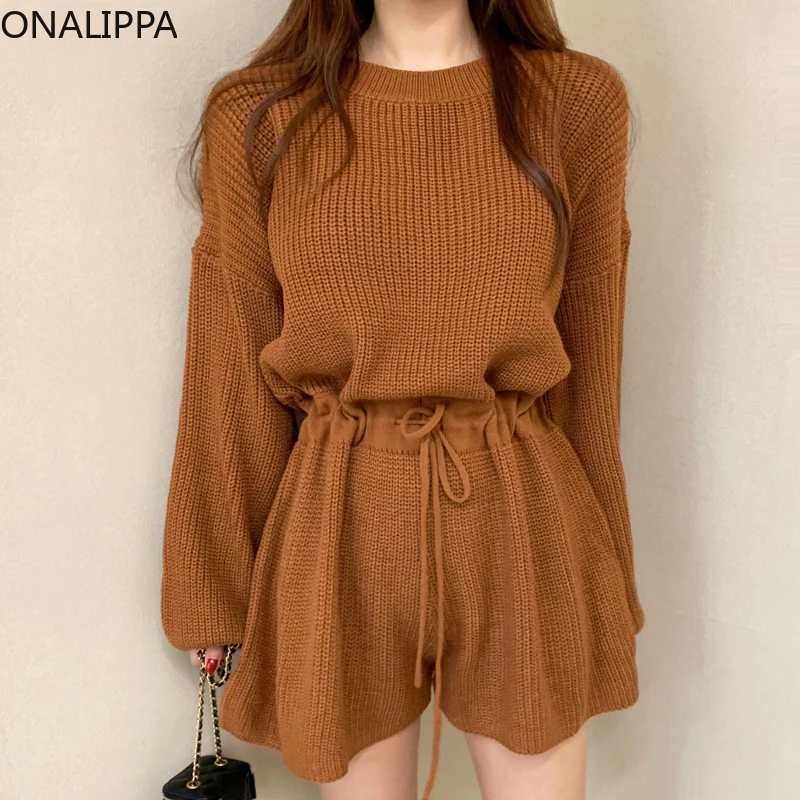 

ONALIPPA Jumpsuit 2021 Autumn Ladies Korean Chic Niche Retro Round Neck Drawstring Waist Long-Sleeved Knitted Wide-Leg Jumpsuits