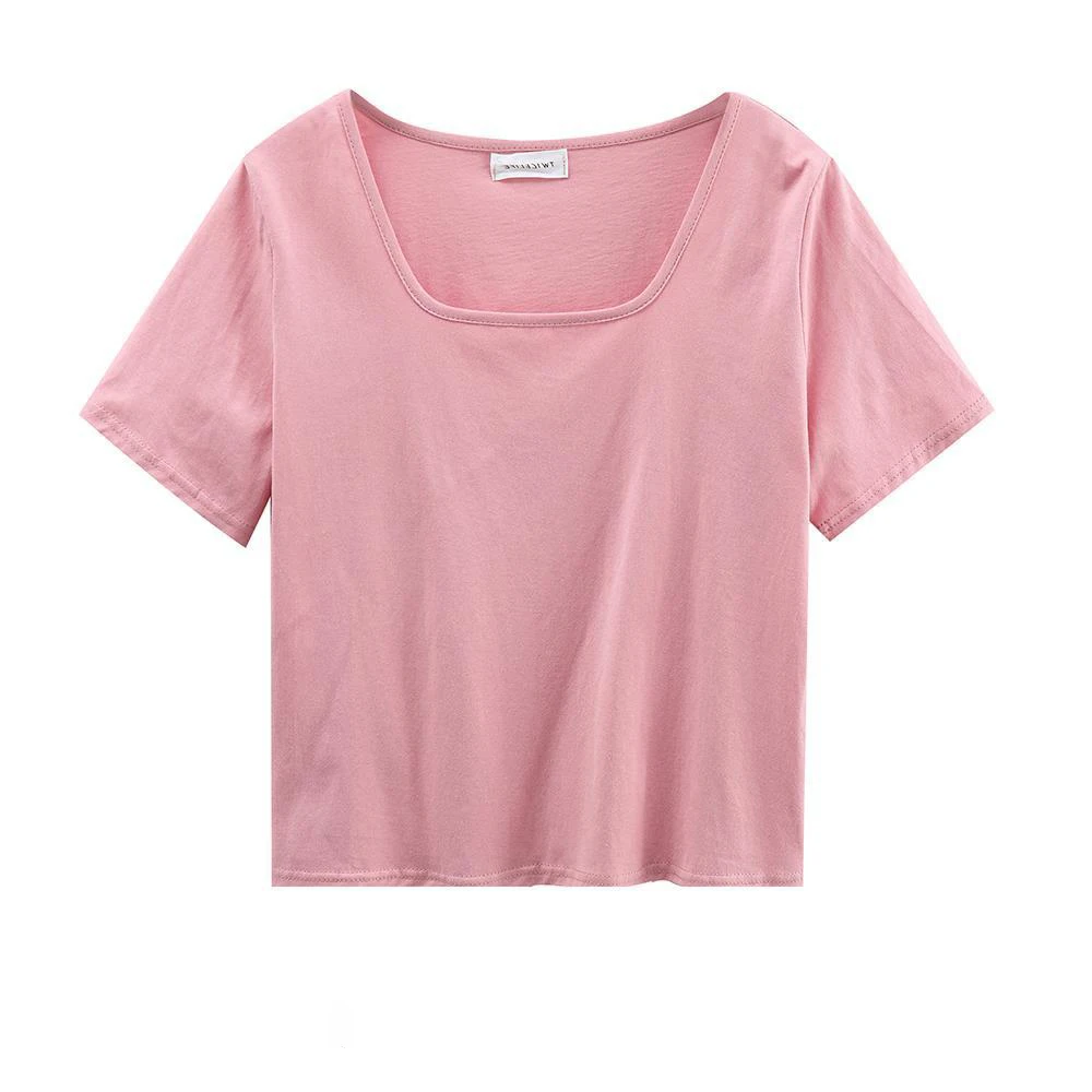 

Spring And Autumn T-shirt Women's Korean Version 2021 New Square Collar Loose Clavicle Candies French All-match Wn*